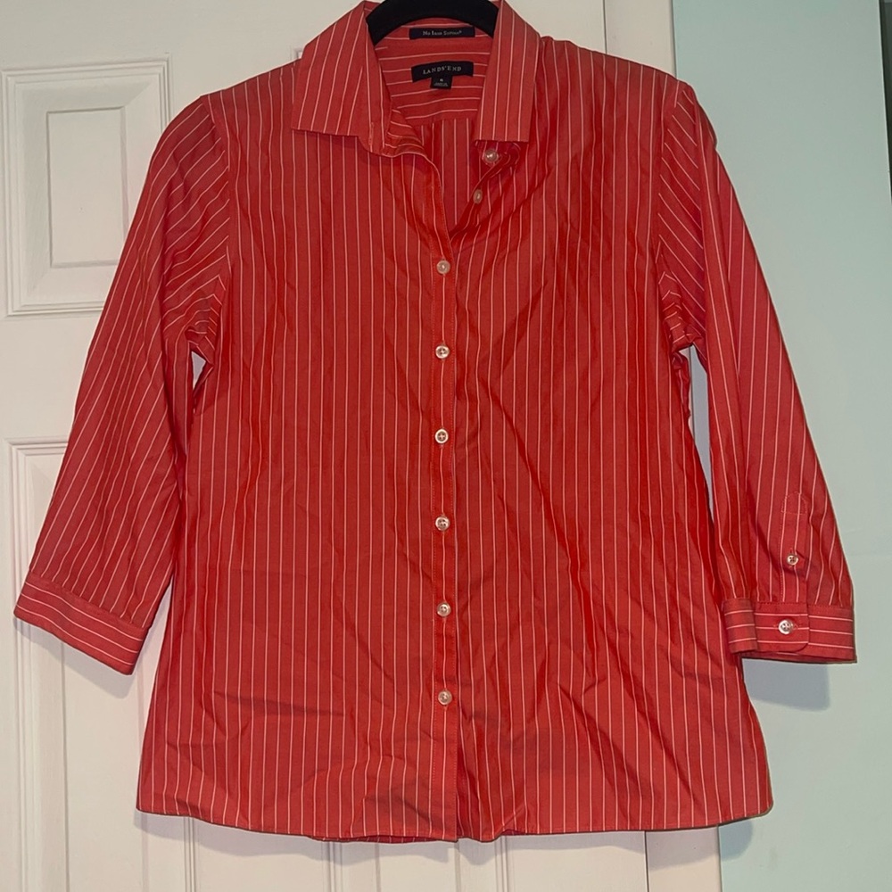 LANDS' END no iron supima Coral Orange/White Striped 3/4 Sleeve Shirt size 6